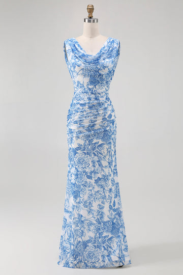 Blue Flower Cowl Neck Sheath Printed Long Bridesmaid Dress with Slit